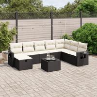 9-delige Loungeset met kussens poly rattan zwart - thumbnail