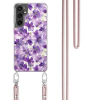 Samsung Galaxy S24 FE hoesje met rosegoud koord - Floral violet - thumbnail