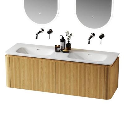 Saniclass Terra Wastafelonderkast - 140cm - 4 lades - wastsafel solid surface - 2 wasbakken - zonder kraangaten - afgeronde hoeken - sandwood (Licht eiken) SW1174103/SW1418384