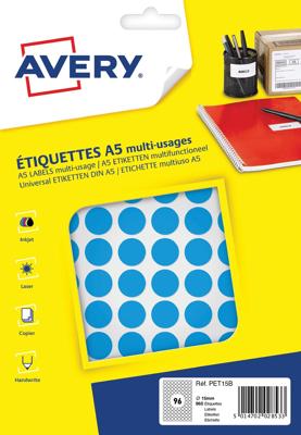Etiket Avery A5 papier rond 15mm BLAUW 960 stuks 96 per vel