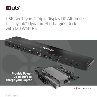 Club3D USB Gen1 Type-C Triple Display DP Alt Mode + Displaylink™ Dynamic PD oplaaddock met 120 watt voeding