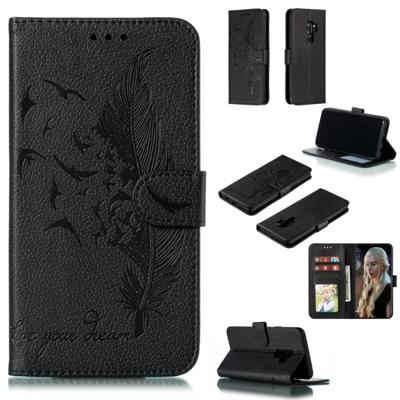 Feather patroon Litchi textuur horizontale Flip lederen draagtas met portemonnee & houder & kaartsleuven voor Galaxy S9 PLUS (zwart)