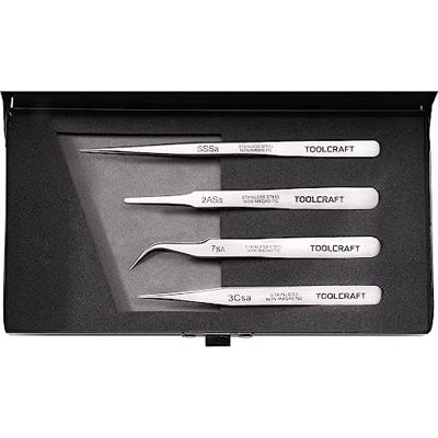 TOOLCRAFT 816747 Pincetset 4-delig SS SA, 2a SA, 7 SA, 3c SA Plat-rond, Sikkelspits, gebogen 55°, Spits, Spits, slank