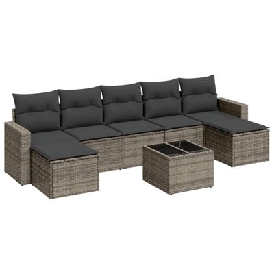 7-delige Loungeset met kussens poly rattan grijs