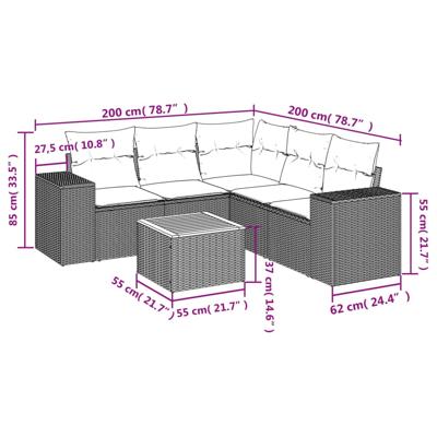 6-delige Loungeset met kussens poly rattan grijs