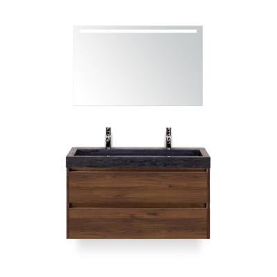 Dante Badmeubelset 100 cm - Walnoot - Wastafel Hardsteen Wit Lucca 2 kraangaten - met Sence Spiegel