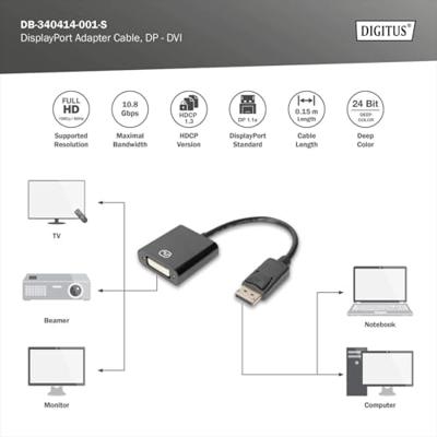 Digitus DB-340414-001-S DisplayPort-kabel DisplayPort / DVI Aansluitkabel DisplayPort-stekker, DVI-I 24+5-polige bus 0.15 m Zwart Afgeschermd (dubbel),