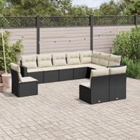 10-delige Loungeset met kussens poly rattan zwart - thumbnail