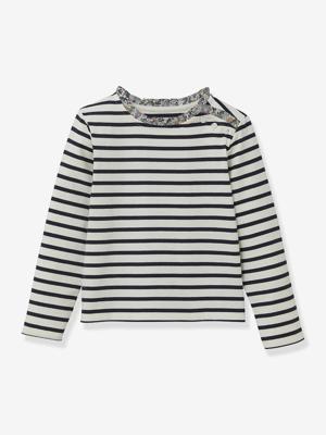 T-shirt matroos voor meisjes Liberty stof biologisch katoen CYRILLUS blauw, bedrukt