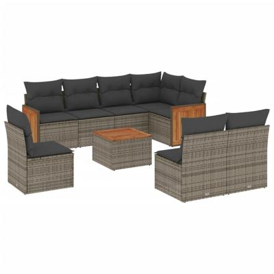 8-delige Loungeset met kussens poly rattan grijs