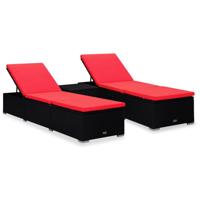 3-delige Ligbeddenset met theetafel poly rattan zwart - thumbnail