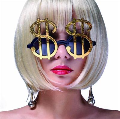 Foto Glas Art - Vrouw met gouden dollar tekens 80x80cm, multi-gekleurd, prachtig voor in de woon en of slaapkamer, inclusief ophang materiaal