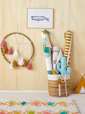 Rieten mand met lurex-draad Marguerite wit/motief