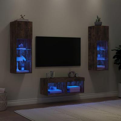 4-delige tv-wandmeubelset met LED-verlichting gerookt eiken