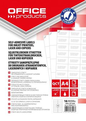 OFFICE products etiketten, wit, rechte hoeken, 100 vel, 105 x 37 mm, 16 etiketten per vel