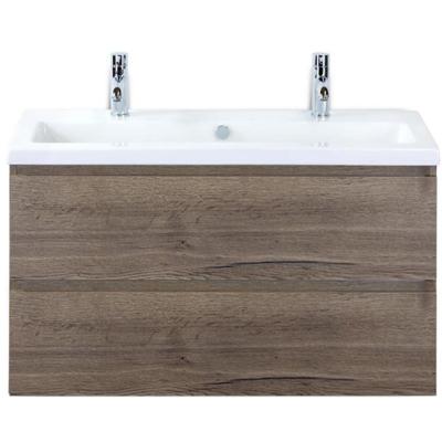 Vogue Badmeubelset 100 cm - Greeplijst in Kleur - Tabacco - Keramische Wastafel Wit 2 Kraangaten