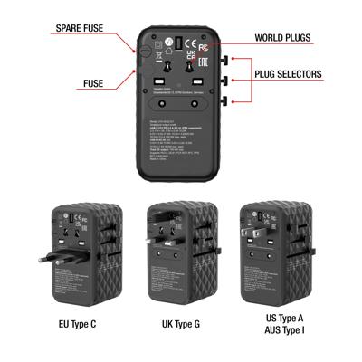 Verbatim GaN universele reisadapter UTA‑06 100 W, stekkeradapter met 2 USB‑A en 2 USB-C poorten, snellader voor laptop, mobiele telefoon, camera en co, reisstekker wereldwijd inzetbaar, 100-250 V