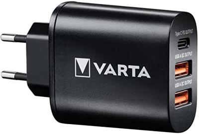 Varta 57958101401 Wall Charger inclusief USB type C-kabel, 3 USB-aansluitingen: 1x USB-type C 3.0A en 2x USB a 2,4A shared, Zwart