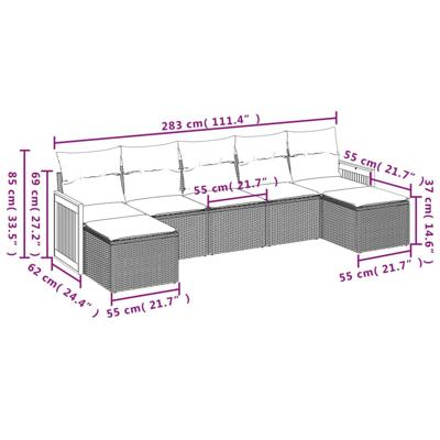 7-delige Loungeset met kussens poly rattan zwart - thumbnail