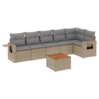 7-delige Loungeset met kussens poly rattan beige