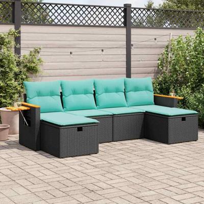 6-delige Loungeset met kussens poly rattan zwart