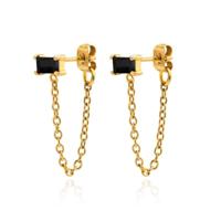 LGT JWLS Dames Oorbellen - Goudkleurig Roestvrij Staal met Zwarte Zirkonia, Knop en Ketting - thumbnail