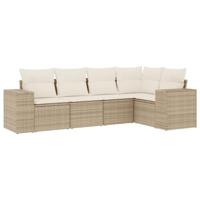 5-delige Loungeset met kussens poly rattan beige - thumbnail