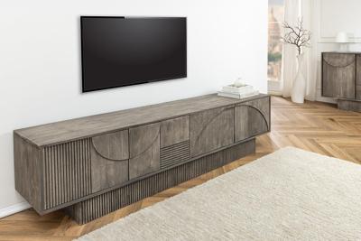 Massief houten TV Lowboard ART DECO 200cm Grijs Gerookt Mangohout 3D Front - 45481