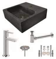 Fonteinset Natura Vierkant 30x30x10cm Hardsteen Antraciet Chroom Toiletkraan Sifon Plug Bevestigingsset - thumbnail
