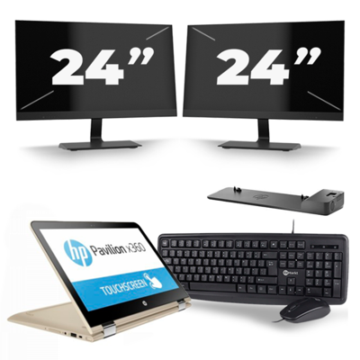 HP Pavilion x360 Convertible 13 - Intel Core i3-6e Generatie - 14 inch - 8GB RAM - 256GB SSD - Windows 11 Home + 2x 24 inch Monitor