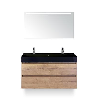 Maxx XL Badmeubelset 120 cm - Natuur Eiken - Wastafel Kube Enkel Zw 2 kraangaten - met LED Spiegel