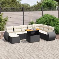 9-delige Loungeset met kussens poly rattan zwart - thumbnail