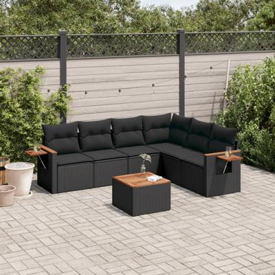 7-delige Loungeset met kussens poly rattan zwart