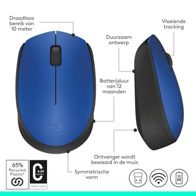 Logitech M171 Muis Draadloos, Radiografisch Optisch Blauw, Zwart 3 Toetsen 1000 dpi Logitech M171 Muis Draadloos, Radiografisch Optisch Blauw, Zwart 3 Toetsen 1000 dpi