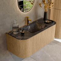 Mondiaz KURVE-DLUX 110 cm Onderkast Greeploos 1 Lade Met Deuren Oak, Wastafel Solid Surface Midden Lava 1 Kraangat Zonder Spiegel (KRVCLO110L+R1L2D1KM-Oak/Lav) - thumbnail