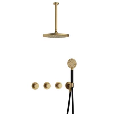 Hotbath Cobber - CB7067 - Inbouw Regendoucheset - Geborsteld Messing - 2 Stopkranen - Thermostatisch - Plafondbuis 30 cm - Hoofddouche 300 mm - Ronde Handdouche 3 Standen - met M106 - Waterbesparend - V01