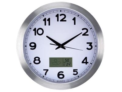 Aluminium wandklok met lcd- en thermometer, hygrometer & weersvoorspelling dia. 35 cm Velleman - Velleman