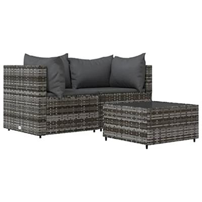 3-delige Loungeset met kussens poly rattan grijs