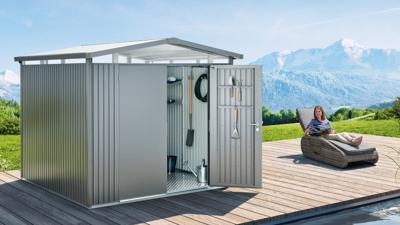 Biohort metalen tuinhuis Panorama Gr. P5 met dubbele deur 273x318 cm zilvergrijs metallic- Zadeldak- Staal- Biohort