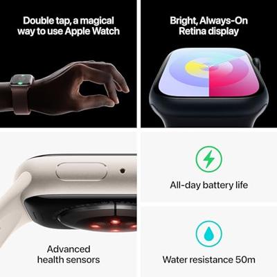 Apple Watch Series 9 (GPS 45 mm) Smartwatch - Kast van middernacht aluminium - Middernacht sportbandje M/L. Conditie bijhouden, Saturatie-app en Ecg-app, Always-on Retina-display, waterbestendig