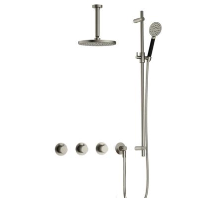 Hotbath Cobber - CB7067 - Inbouw Regendoucheset - Geborsteld Nikkel - 2 Stopkranen - Thermostatisch - Plafondbuis 15 cm - Hoofddouche 200 mm - Ronde Handdouche 3 Standen - Glijstang 900 mm - Waterbesparend