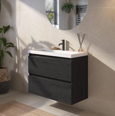 Saqu Gaia ondiep badmeubel incl. glans witte wastafel 80x40x64cm eiken zwart - zwarte greeplijst