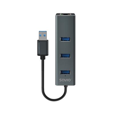 Savio AK-57 USB-A - 3 x USB-A HUB with RJ-45 Gigabit Ethernet adapter 5000 Mbit/s grey USB 3.2 Gen 1 (3.1 Gen 1) Micro-B 5000 Mbit/s Zwart
