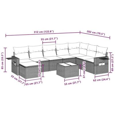 9-delige Loungeset met kussens poly rattan lichtgrijs
