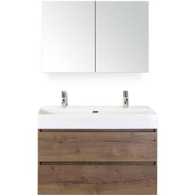 Maxx XL Badmeubelset 100 cm - Tabacco - Wastafel Kube 2 Kraangaten met Spiegelkast