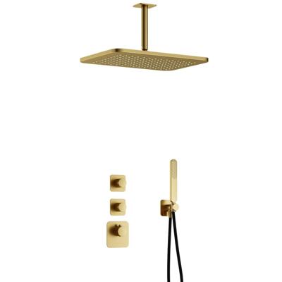 Hotbath Gal - GL106 - Inbouw Regendoucheset - Geborsteld Messing PVD - 2 Stopkranen - Thermostatisch - Plafondbuis 15 cm - Hoofddouche 270x400 mm - Staafhanddouche - met GL106 - V01
