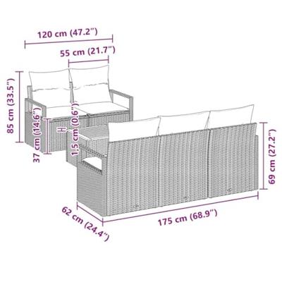 Tuinbankenset met kussen 6 pcs Grijs poly rattan