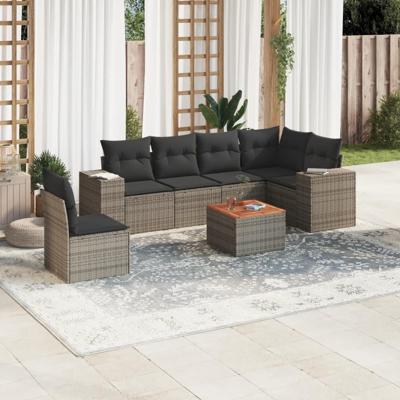 7-delige Loungeset met kussens poly rattan grijs