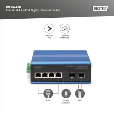DIGITUS Netwerk Switch - 6-poorts Gigabit Ethernet - 4x RJ45 + 2x SFP - IP40-10/100/1000 Mbit/s - DIN rail montage - industriële serie - zwart/blauw