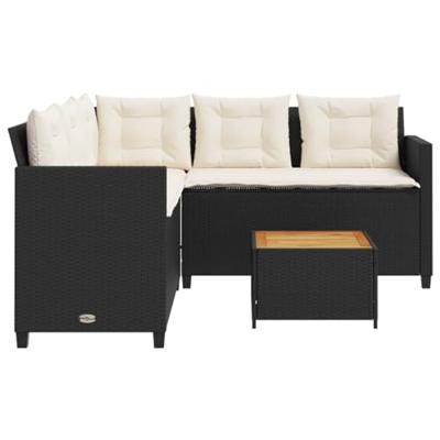 Tuinbank met tafel en kussens L-vormig poly rattan zwart